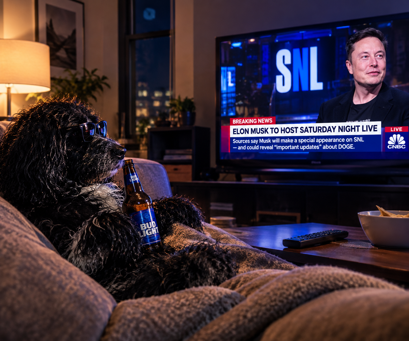 PDOG on the couch with a beer watching breaking news about Elon Musk hosting SNL