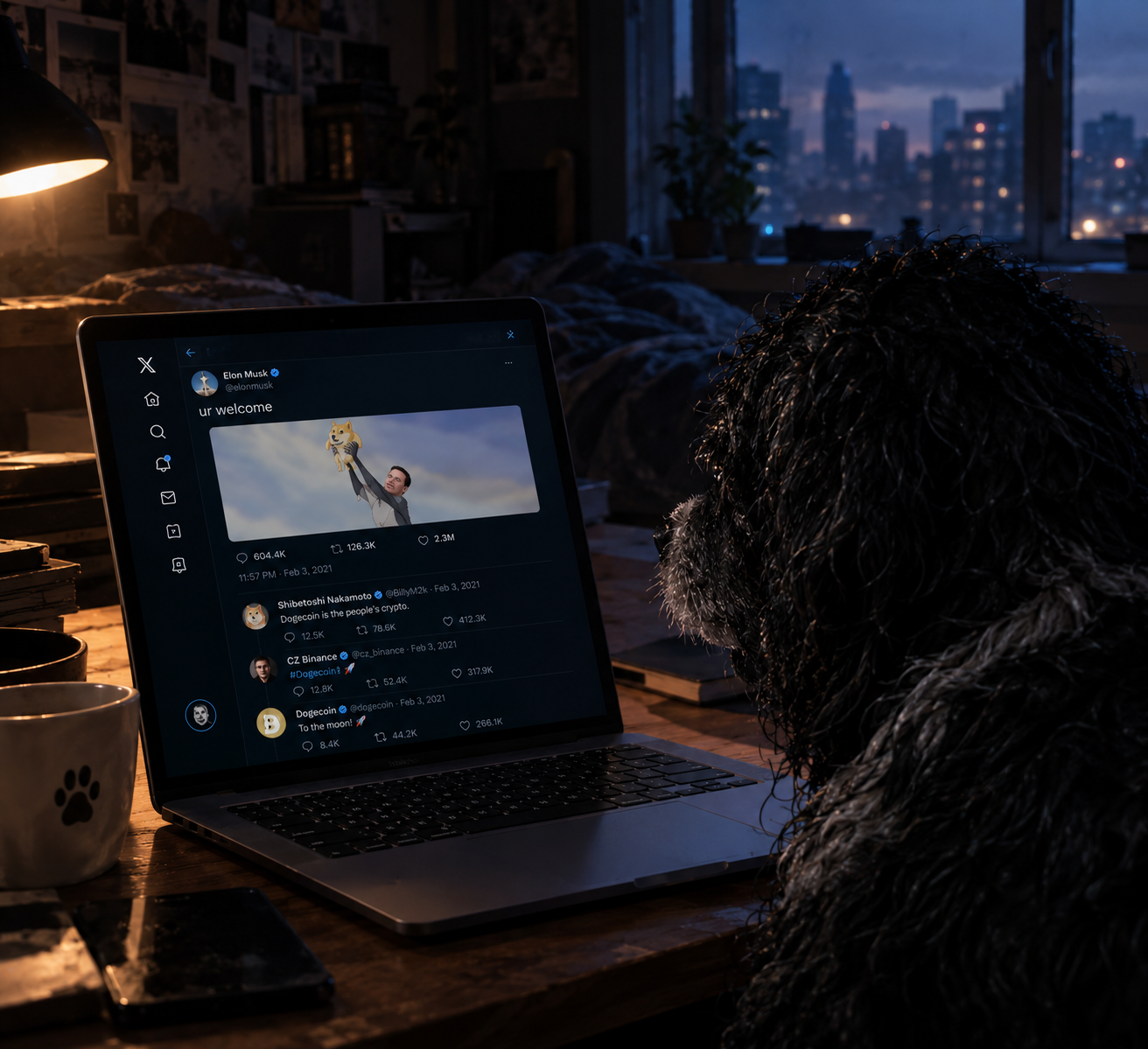 PDOG reading Dogecoin posts on X on his laptop at night