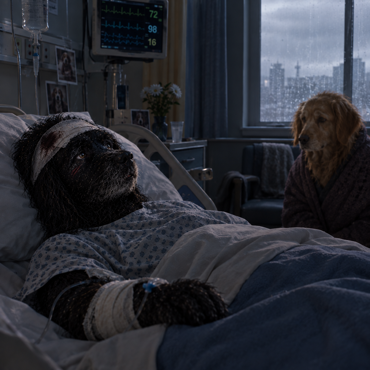 PDOG in a hospital bed with his mother sitting beside him