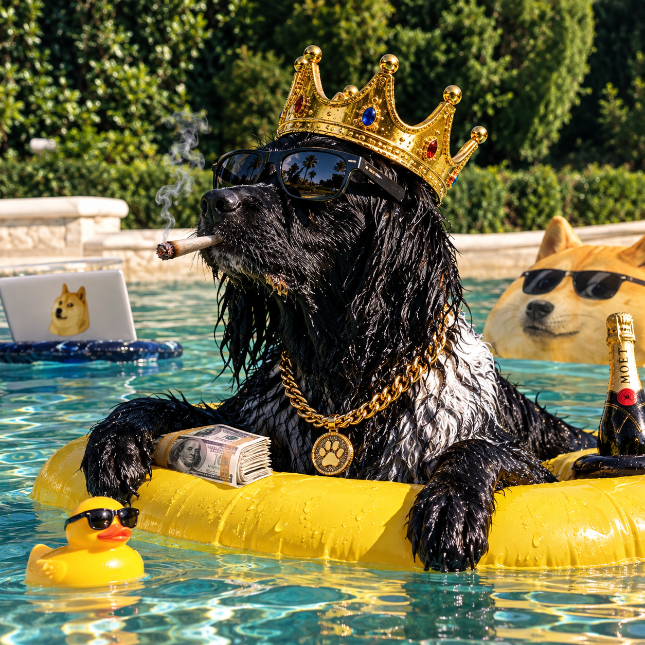 PDOG floating in a pool with a crown, sunglasses and a stack of cash