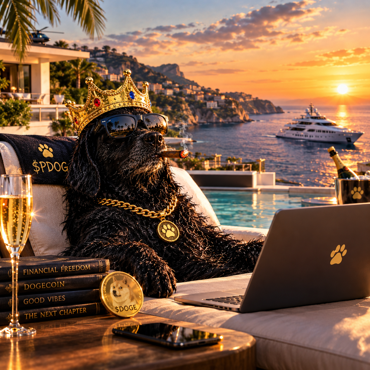 PDOG wearing a crown and sunglasses, relaxing above the sea at sunset