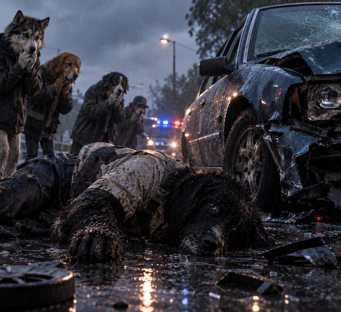 PDOG lying on a rainy road after a car accident while other dogs look on