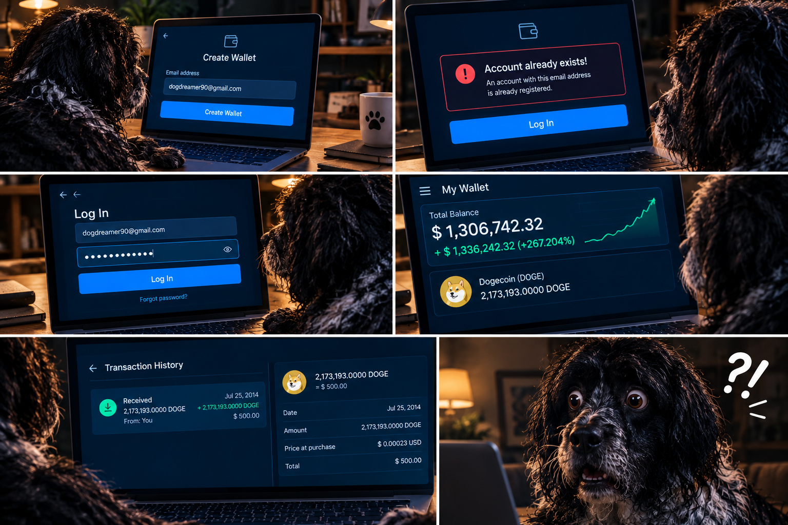 Six screens showing PDOG creating a wallet, logging in and discovering his forgotten Dogecoin balance