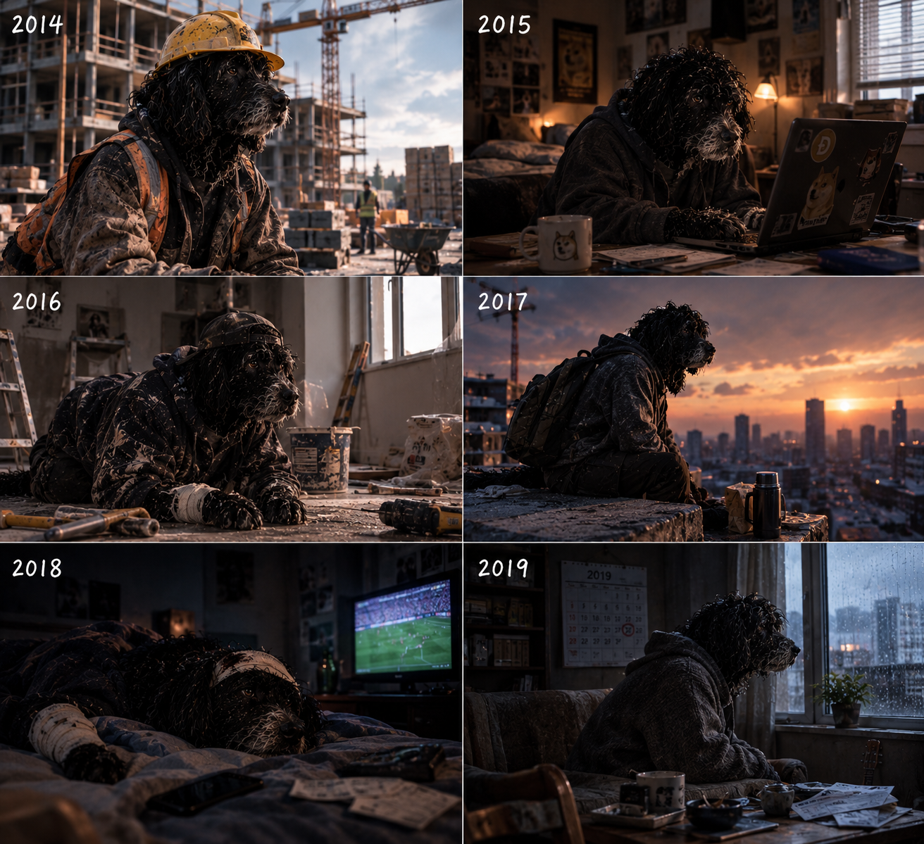 Six panels showing PDOG working and resting through the years 2014 to 2019